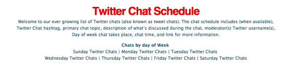 Eine Übersicht über alle interessanten TwitterChats, auf denen man seine Expertise und Beiträge teilen kann, ist die Twitter Chat Schedule von Tweetreports.com. Achtung: Englisch.