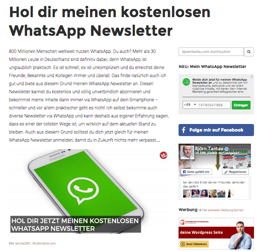 WhatsApp-Newsletter Anmeldung auf bjoerntantau.com