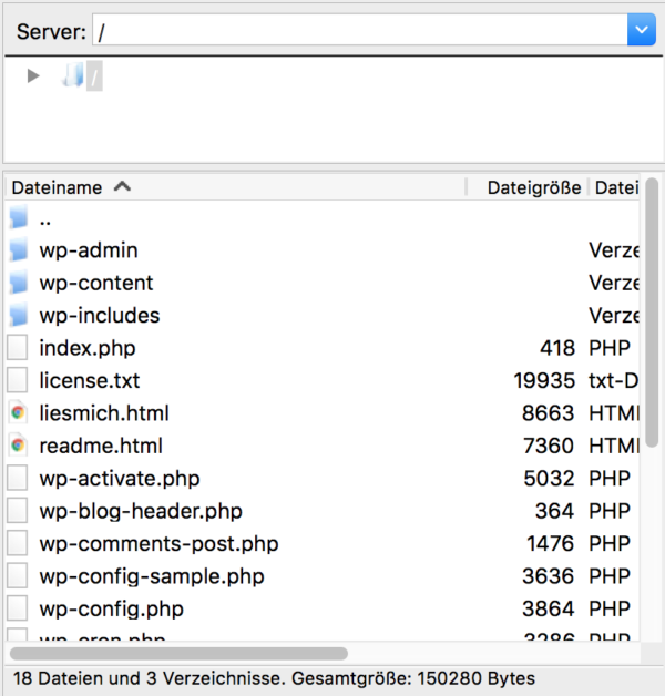 Ordnerstruktur von WordPress bei der Einstellung über FTP