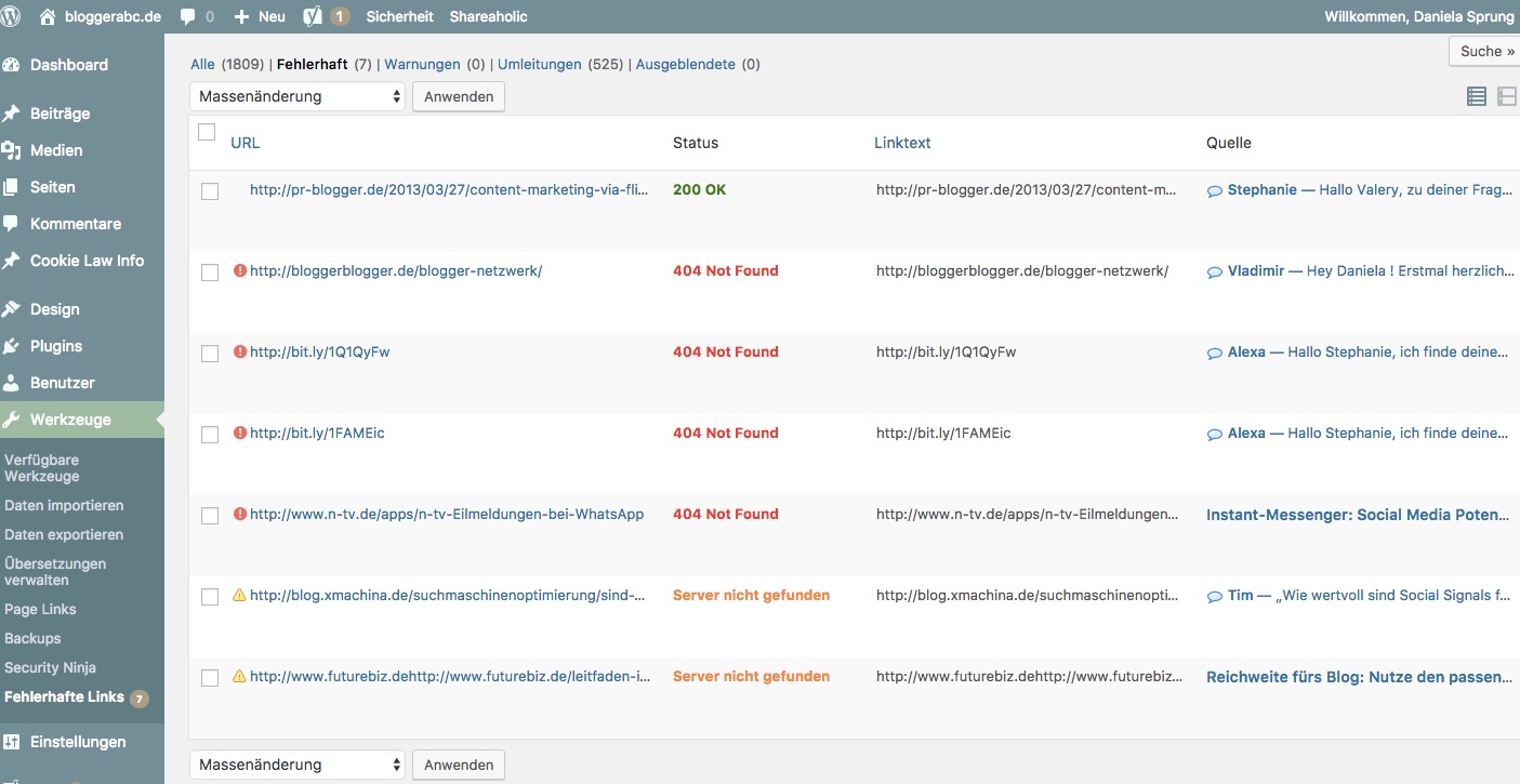 Darstellung der fehlerhaften Links durch den Broken Link Checker