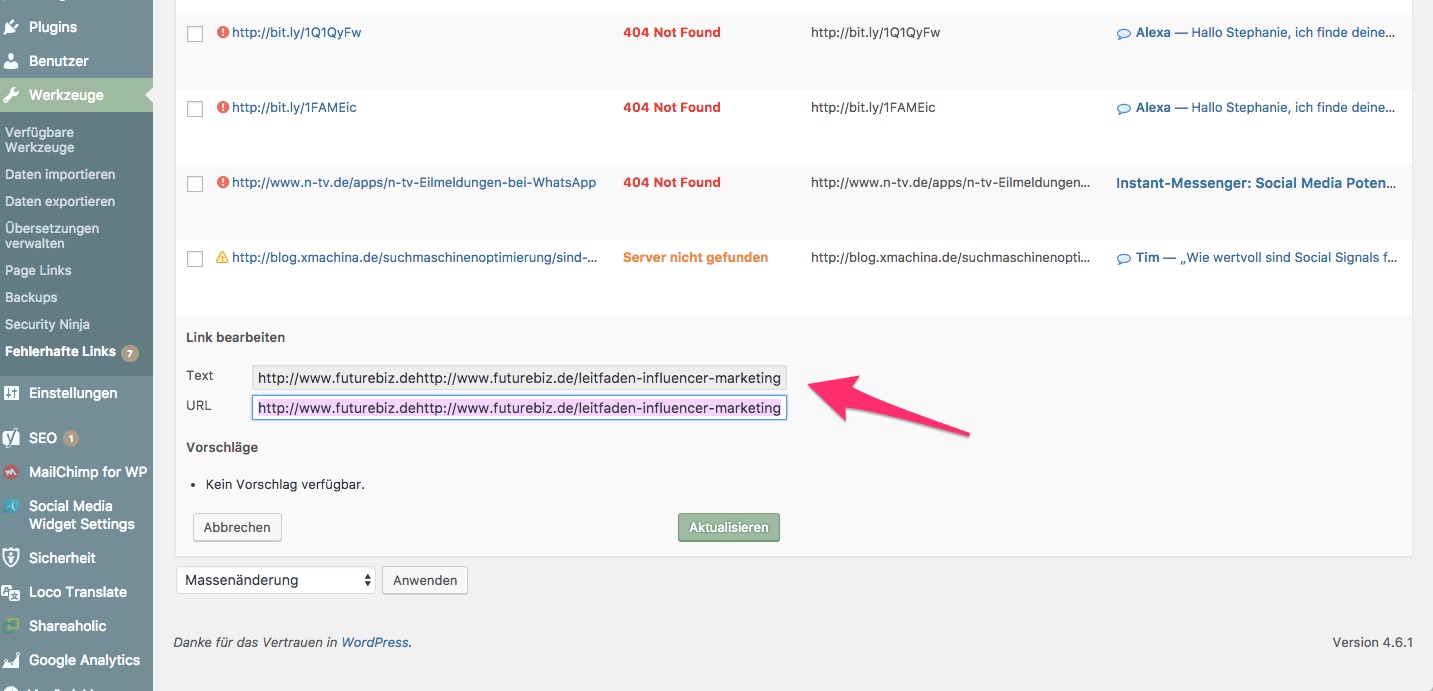 Ein Link wurde im Backend von WordPress falsch zusammengesetzt. Ein Pfeil zeigt darauf.