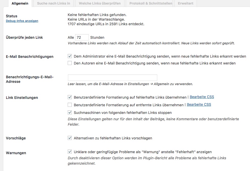 Ansicht der allgemeinen Einstellung vom Broken Link Checker.