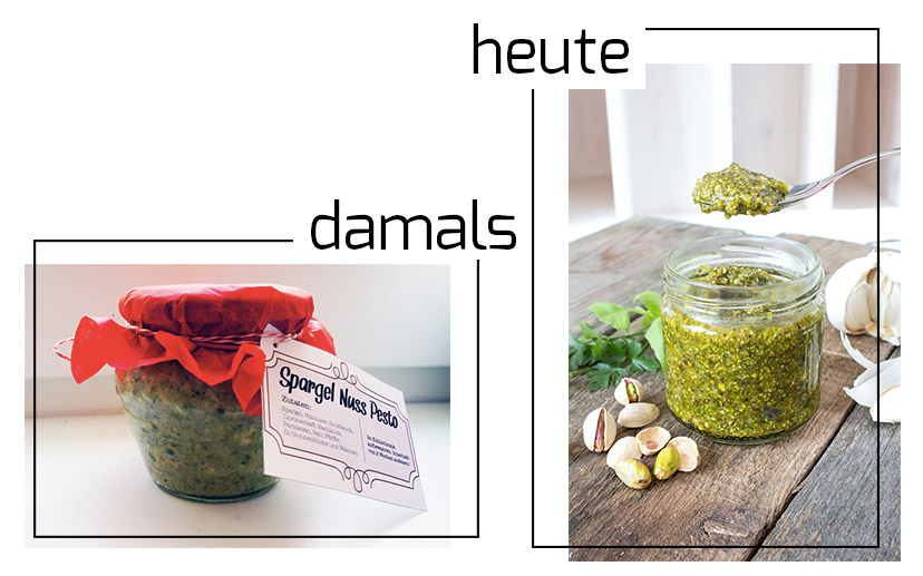 Einmachgläser mit Pesto stehen auf einem Tisch.