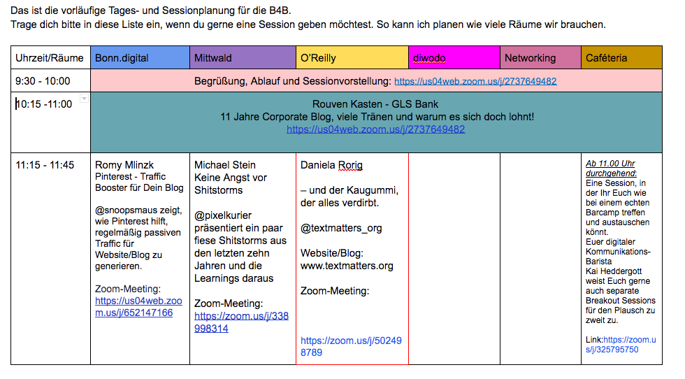 Ein Blick auf das Sessionboard der Blog4Business Digital in Google Docs erstellt. Räume sind benannt, die Namen der Sessiongeber, der Inhalt ihrer Sessions und der Link zu ihrem Zoommeeting