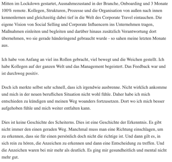 Britta Behrens hat auf LinkedIn einen Beitrag über ihren Jobwechseln veröffentlicht. Nach nur 6 Monaten hat sie gekündigt und eine neue Aufgabe angenommen. In dem Beitrag beschreibt sie wie es dazu kam. 