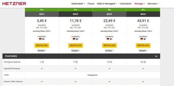 Screenshot: Hetzner Übersicht über die Preise