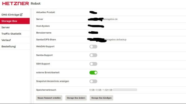 Screenshot: Hetzner FTP Box Einstellungen
