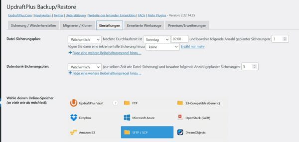 Screenshot: updraft Einstellungen