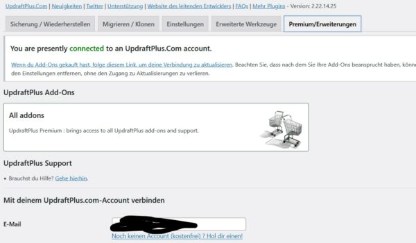 Screenshot: updraft Einstellungen